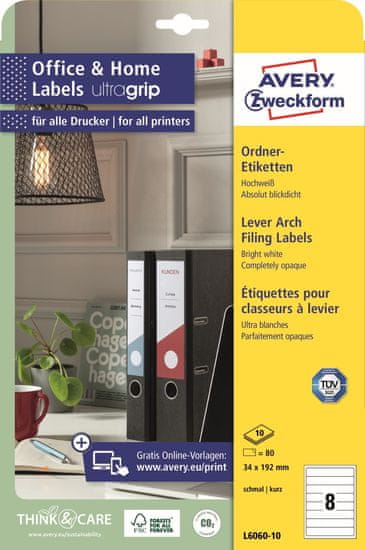 Avery Zweckform Etikety na pořadače L6060-10 | 34x192 mm, 10xA4, 80 ks, bílá