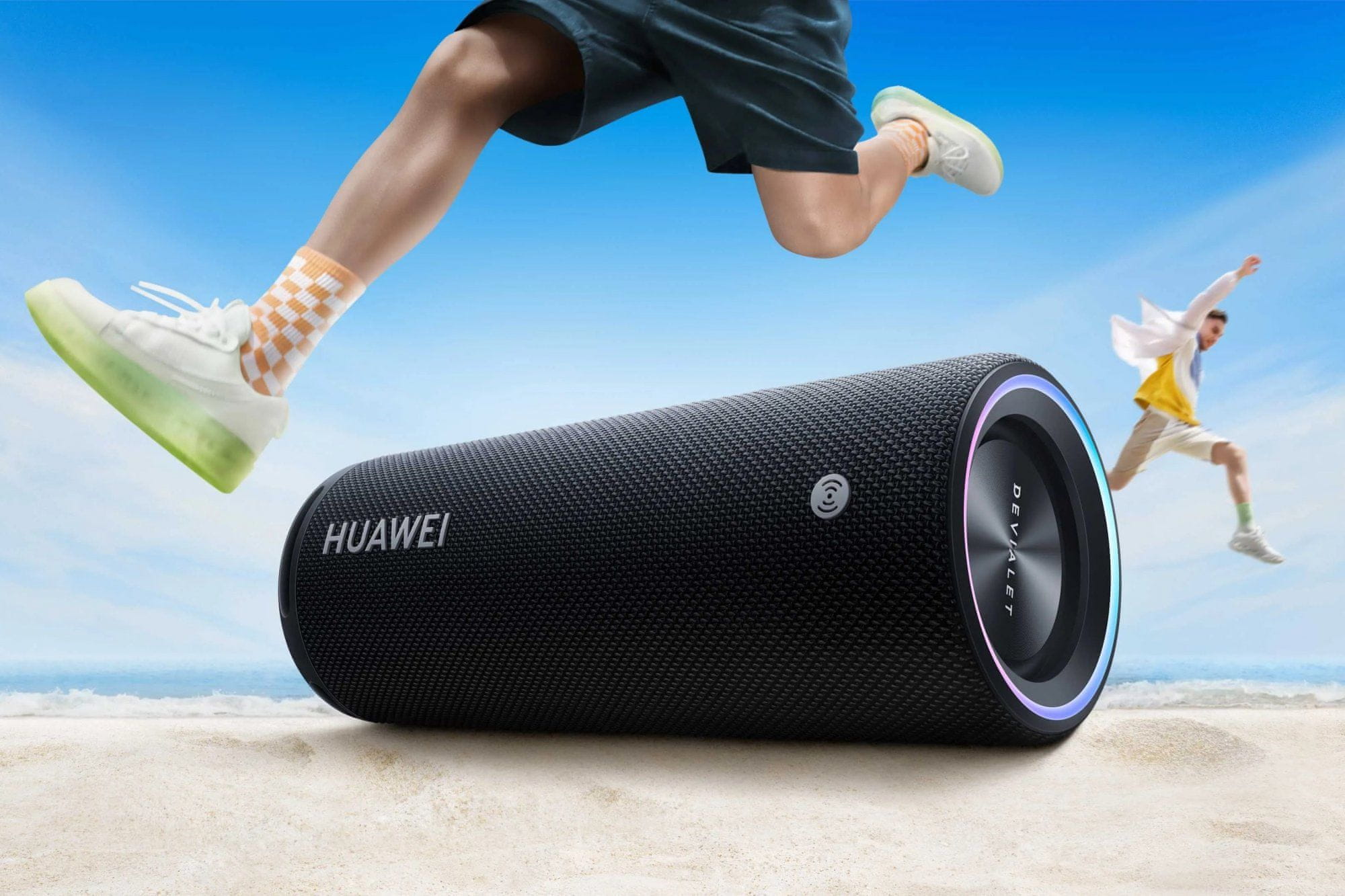  stylový přenosný reproduktor huawei sound joy Bluetooth technologie mikrofon hlasové ovládání nfc párování odolný vodě outdoor reproduktor dlouhá výdrž na nabití 