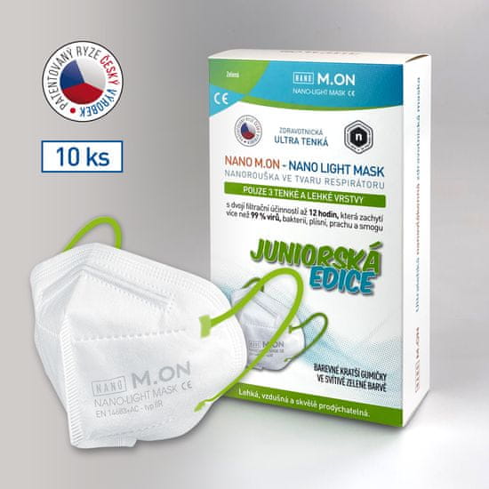 NANO M.ON Junior LIGHT MASK (10 ks) "CE" dětská nanorouška ve tvaru respirátoru - zelená gumička (nanomon)