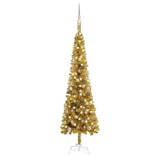 Greatstore Úzký vánoční stromek s LED diodami a sadou koulí zlatý 180 cm