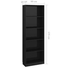 Greatstore Knihovna s 5 policemi černá vysoký lesk 60x24x175cm dřevotříska