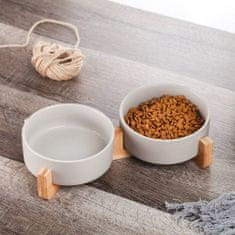 Mersjo Dvojitá keramická miska pro psy i kočky s elagantním dřevěným stojanem, šedá 2x400 ml