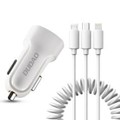 DUDAO nabíječka do auta 2x USB 2.4A + USB kabel 3v1 Lightning / Type C / micro USB kabel (R7) - Bílá KP14093