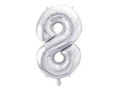 PartyDeco Fóliový balónek Číslo 8 stříbrný 86cm