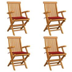 Greatstore Zahradní židle s červenými poduškami 4 ks masivní teak