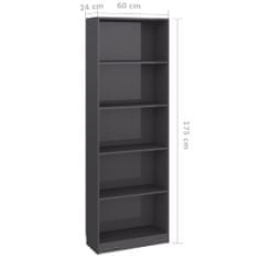 Greatstore Knihovna s 5 policemi šedá vysoký lesk 60x24x175 cm dřevotříska