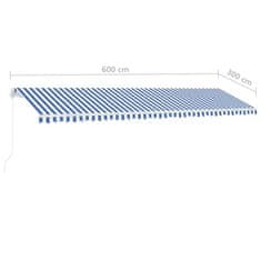 Vidaxl Volně stojící ručně zatahovací markýza 600 x 300 cm modrá/bílá