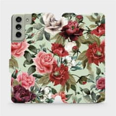 Mobiwear Flip pouzdro na mobil Samsung Galaxy S21 FE - MD06P Růže a květy na světle zeleném pozadí