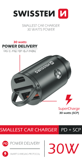 SWISSTEN cl adaptér power delivery usb-c + super charge 3.0 30w nano stříbrný