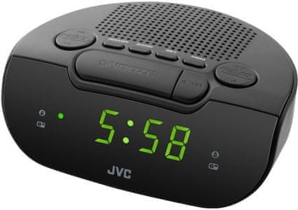 klasický radiobudík jvc ra-e111 fm am tuner snadné ovládání zabudovaný reproduktor snooze sleep budík se 2 časy buzení