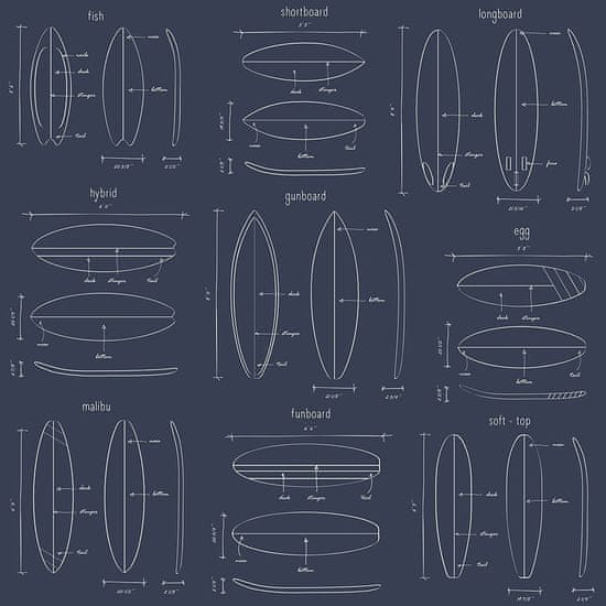 Tmavě modrá vliesová tapeta s nákresy surfů 128871, Regatta Crew, 0,53 x 10,05 m