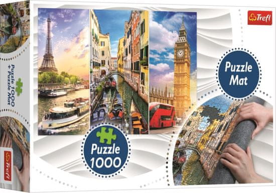 Trefl Puzzle Koláž měst Paříž-Benátky-Londýn 1000 dílků + Podložka pod puzzle