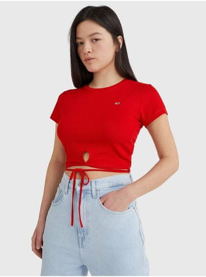 Tommy Jeans Červené dámské žebrované cropped tričko se zavazováním v pase Tommy Jeans