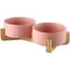 Dvojitá keramická miska pro psy i kočky s elagantním dřevěným stojanem, růžová 2x400 ml