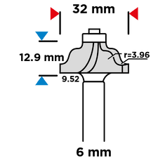 Graphite  Tvarová fréza na dřevo s ložiskem, rádius, HM, 32 x 12,9 mm, stopka 6 mm