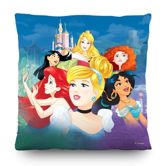 AG Design Dekorativní polštář DISNEY PRINCEZNY NA POZADÍ JEJICH ZÁMKŮ 40 x 40 cm