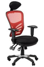 STEMA Otočná kancelářská židle HG-0001H. Má nylonovou základnu, měkká kolečka, nastavitelné područky a opěrku hlavy. Nastavitelné sedadlo (úhel), nastavitelné opěradlo (nahoru-dolů). Barva černá/červená.