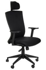 STEMA Otočná ergonomická kancelářská židle HG-0004. Má nylonovou základnu, měkká kolečka, zdvih třídy 4, nastavitelné područky a nastavitelnou opěrku hlavy. Synchronní mechanismus. Černá barva.