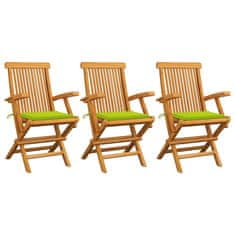 Greatstore Zahradní židle s jasně zelenými poduškami 3 ks masivní teak