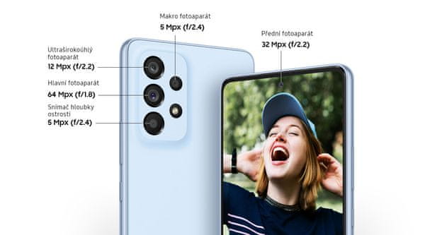 Samsung Galaxy A53 5G, chytrý telefon, vlajková loď 6,5palcový displej AMOLED obnovovací frekvence stabilizace obrazu čtyři fotoaparáty nejrychlejší 5G připojení 5G internet podpora nejrychlejšího připojení