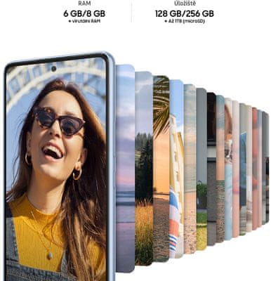 Samsung Galaxy A53 5G, chytrý telefon, vlajková loď 6,5palcový displej AMOLED obnovovací frekvence stabilizace obrazu čtyři fotoaparáty nejrychlejší 5G připojení 5G internet podpora nejrychlejšího připojení