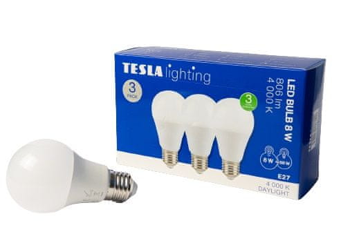 Tesla Lighting LED žárovka BULB E27, 8W, 230V, 806lm, 25 000h, 4000K denní bílá, 220st 3ks v balení