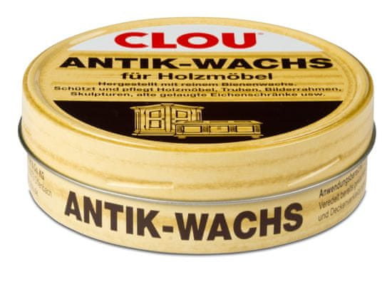 Clou Antik-Wachs fest, pasta ze včelího vosku na restaurování a ošetřování starožitností, na louhované skříně a truhly i na nové dřevo, různá balení