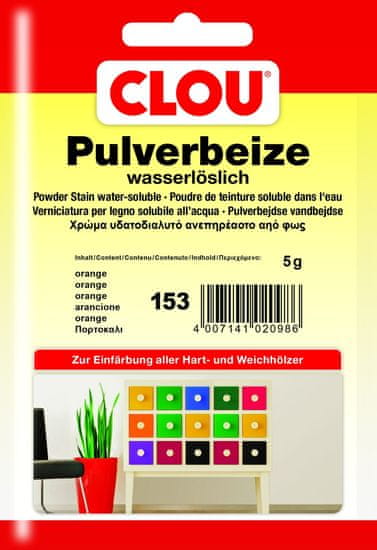 Clou Práškové mořidlo do vody, vyberte si z 25 odstínů, z toho 14 odstínů dřeva a 11 pestrých odstínů, slouží ke změně odstínu dřeva před jeho lakováním, obraz dřeva je světlostálý. 1 sáček, různé odstíny