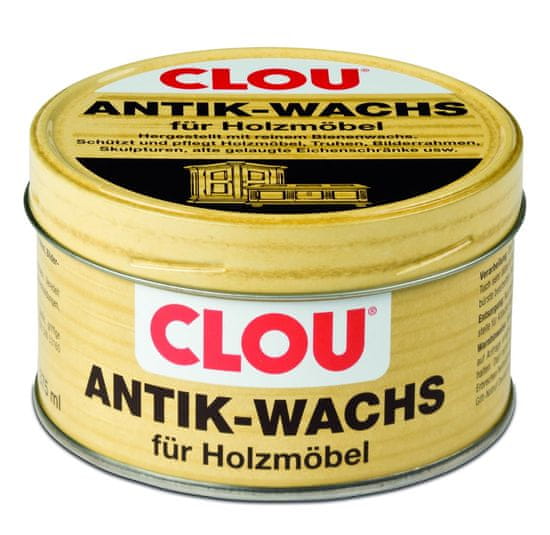 Clou Antik-Wachs fest, pasta ze včelího vosku na restaurování a ošetřování starožitností, na louhované skříně a truhly i na nové dřevo, různá balení