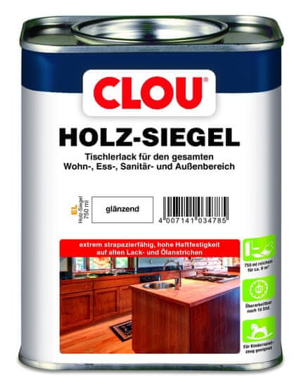 Clou EL Holz-Siegel, lesklý, jednosložkový zátěžový lak na schody, stoly, kuchyně, podlahy, parapety, nábytek (i dětský), hračky, pro interiér i exteriér, pro štětec, váleček i stříkání, různá balení