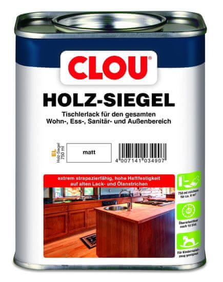 Clou EL Holz-Siegel, matný, jednosložkový zátěžový lak na schody, stoly, kuchyně, podlahy, parapety, nábytek (i dětský), hračky, pro interiér i exteriér, pro štětec, váleček i stříkání, různá balení