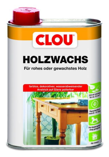 Clou W1 Holzwachs, tekutý vosk na dřevo bezbarvý, na nábytek a hračky v interiéru a k renovaci voskovaných ploch, příjemný na dotek, hezký na pohled, odolný zatížení, různá balení