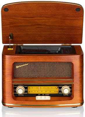 hezký retro radiopřijímač roadstar HRA-1500 UEMP aux in zabudované reproduktory protiprachové víko fm tuner cd mechanika usb nahrávání přehrávání podpora mp3 formátu podsvícená stupnice