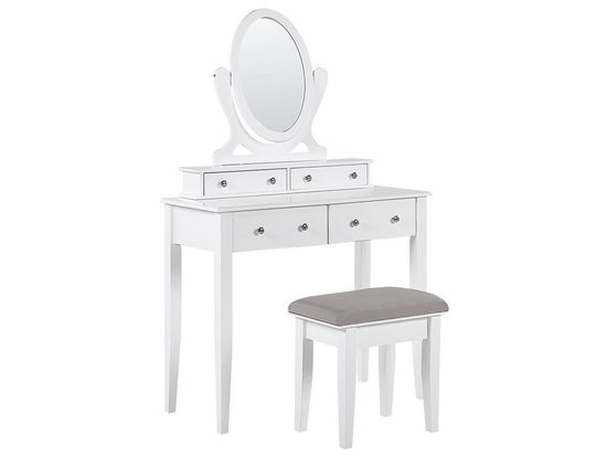 Beliani Toaletní stolek, 4 zásuvky, oválné zrcadlo a bílá stolička LUNE