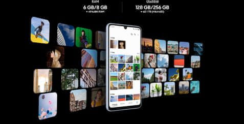 Samsung Galaxy A53 5G, chytrý telefon, vlajková loď 6,5palcový displej AMOLED obnovovací frekvence stabilizace obrazu čtyři fotoaparáty nejrychlejší 5G připojení 5G internet podpora nejrychlejšího připojení