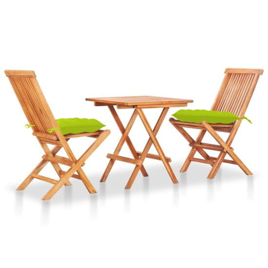 Greatstore 3dílný bistro set s jasně zelenými poduškami masivní teak