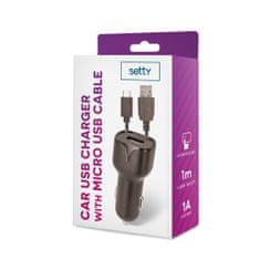 setty. USB autonabíječka 1A microUSB kabel 1m (GSM030356) černá