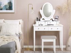Beliani Toaletní stolek, 4 zásuvky, oválné zrcadlo a bílá stolička LUNE