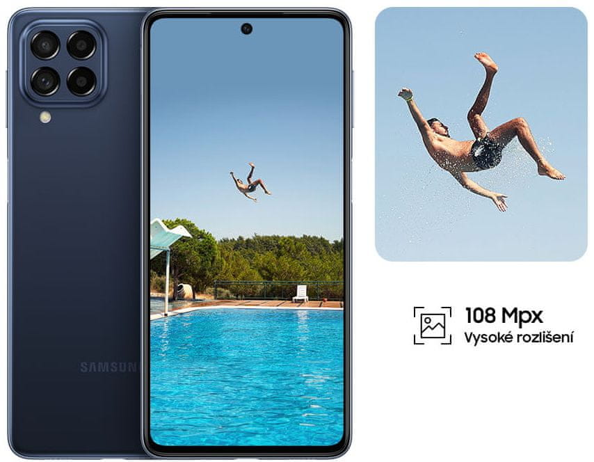 Samsung Galaxy M53 5G, telefon chytrý výkonný telefon smarphone FHD+ rozlišení 120Hz obnovovací frekvence výkonný smartphone Qualcomm Snapdragon 5G připojení nejrychlejší připojení nejrychlejší síť 5G datové připojení bleskový internet