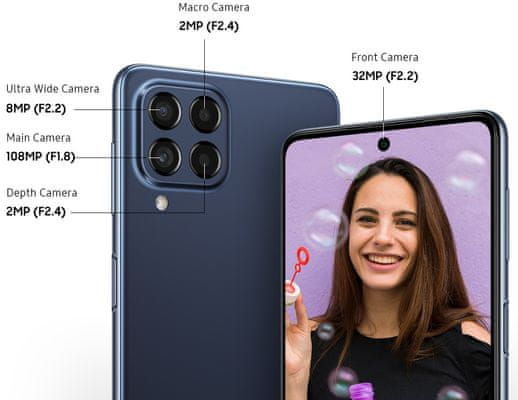 Samsung Galaxy M53 5G, telefón šikovný výkonný telefón smarphone FHD+ rozlíšenie 120 Hz obnovovacia frekvencia výkonný smartphone Qualcomm Snapdragon 5G pripojenie najrýchlejšie pripojenie najrýchlejšia sieť 5G dátové pripojenie bleskový internet