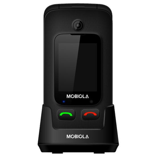 Mobiola MB610 Senior Flip, mobilní véčkový telefon pro seniory, SOS tlačítko, 2 obrazovky, nabíjecí stojánek, černý