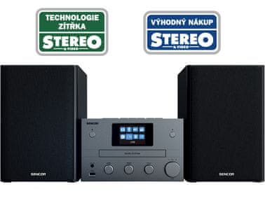 stylový mikrosystém sencor 5700wdb aux in vstup Bluetooth wifi technologie dab fm tuner cd mechanika nadčasový design usb port