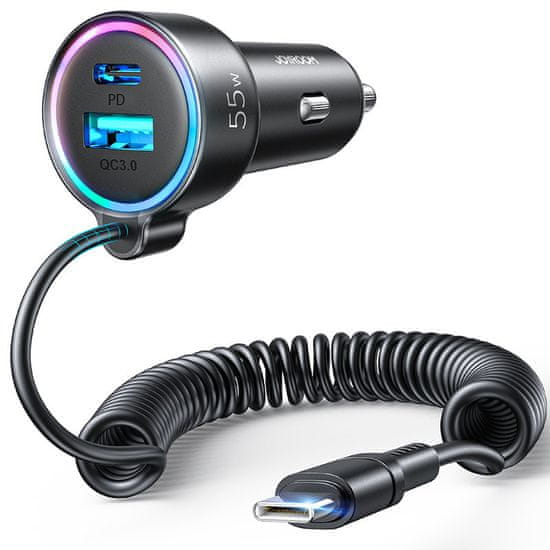 Joyroom 3in1 autonabíječka USB / USB-C 55W + vstavaný kabel USB-C, černá