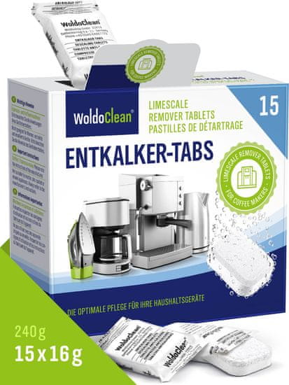 WoldoClean® Odvápňovací tablety pro kávovary 15 Tablet kompatibilní s Jura Bosch Tassimo Delonghi Saeco Nespresso a mnoho dalších.