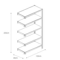 Majster Regál Bezšroubové kovové regál přídavný modul 200x120x30cm T profil, 5 polic