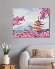 ZUTY Malování podle čísel - JAPONSKO CHRÁM A RŮŽOVÉ KVĚTINY 40x50 cm vypnuté plátno na rám