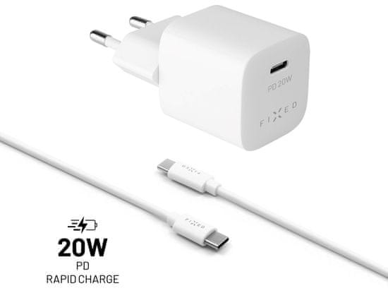 FIXED Set síťové nabíječky Mini s USB-C výstupem a USB-C/USB-C kabelu, podpora PD, 1 m, 20WFIXC20M-CC-WH, bílý