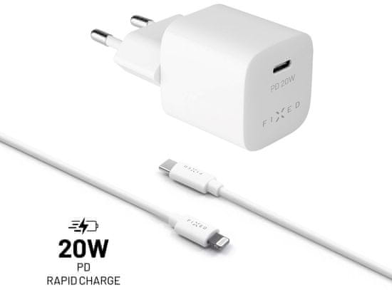 FIXED Set síťové nabíječky Mini s USB-C výstupem a USB-C/Lightning kabelu, podpora PD, 1 m, MFI, 20W FIXC20M-CL-WH, bílý