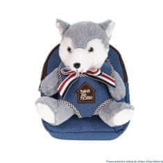 Džínový batoh pro malé děti s odnímatelným maskotem v podobě šedého vlka "Wolf puppy".