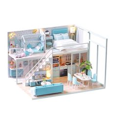HABARRI Miniatura domečku DIY LED, kreativní sada, Modrý byt